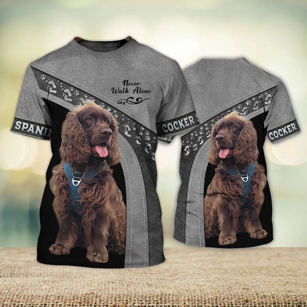 3D Dog T Shirts, Cocker Spaniel Cute Grey Never Walk Alone All Over Print T-Shirt, Gift For Pet Loves