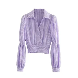 ELASTIC SMOCKED PLAID CROPPED BLOUSE