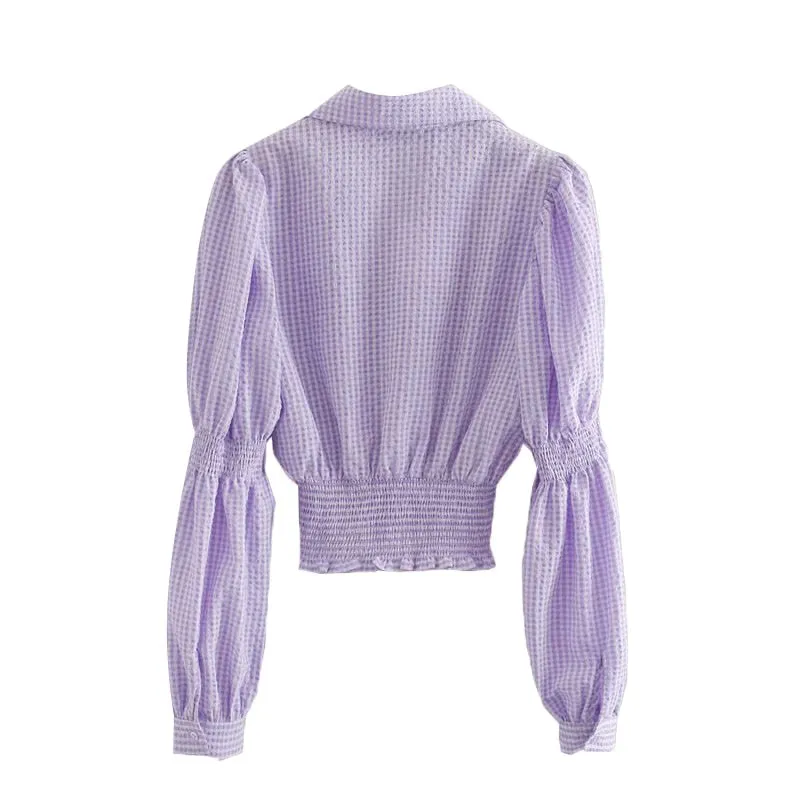 ELASTIC SMOCKED PLAID CROPPED BLOUSE