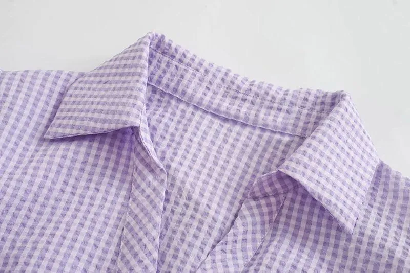 ELASTIC SMOCKED PLAID CROPPED BLOUSE