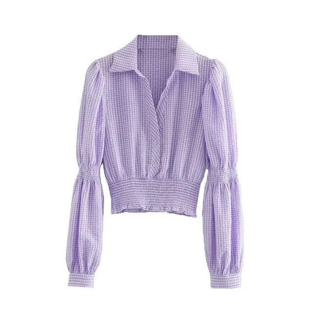 ELASTIC SMOCKED PLAID CROPPED BLOUSE