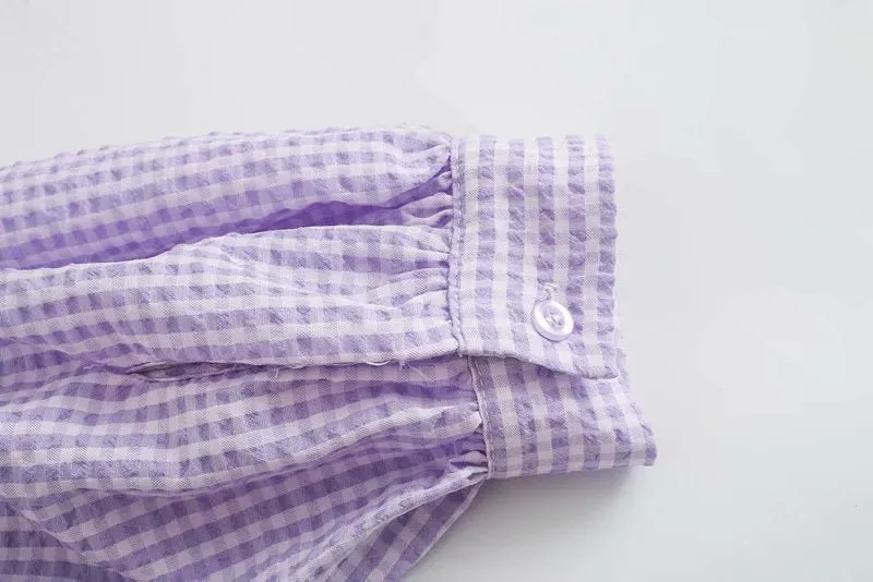 ELASTIC SMOCKED PLAID CROPPED BLOUSE