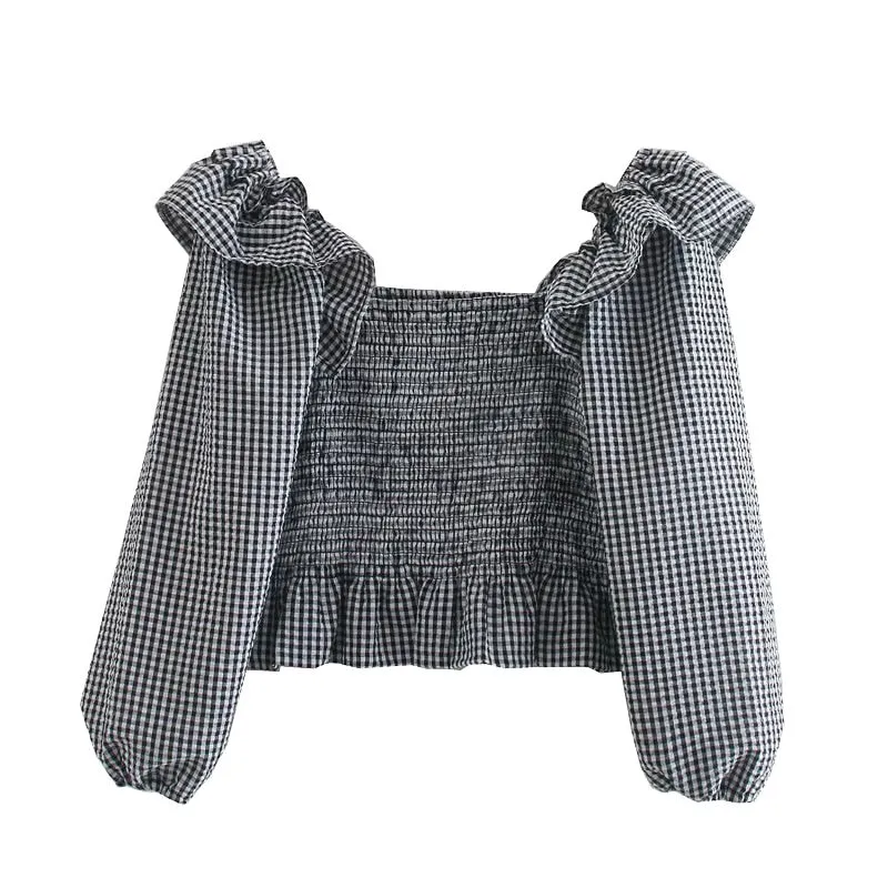 ELASTIC SMOCKED RUFFLED CROPPED BLOUSE