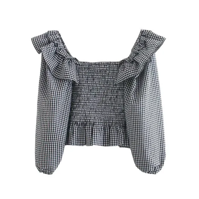 ELASTIC SMOCKED RUFFLED CROPPED BLOUSE