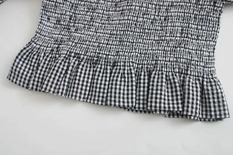 ELASTIC SMOCKED RUFFLED CROPPED BLOUSE