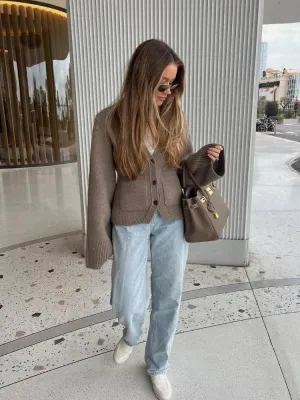 Elegant Brown Loose V Neck Fashion Long Sleeve Metal Button Cardigan