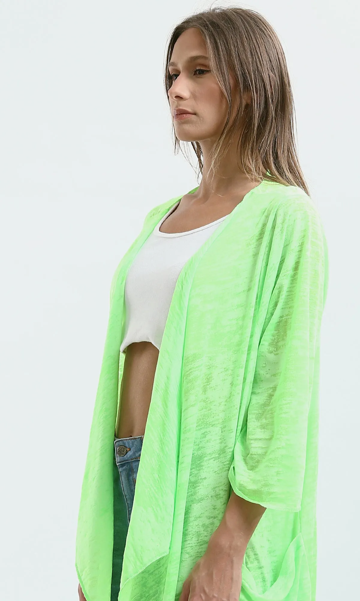 O182996 Long Sleeves Loose Fit Heather Neon Green Cardigan