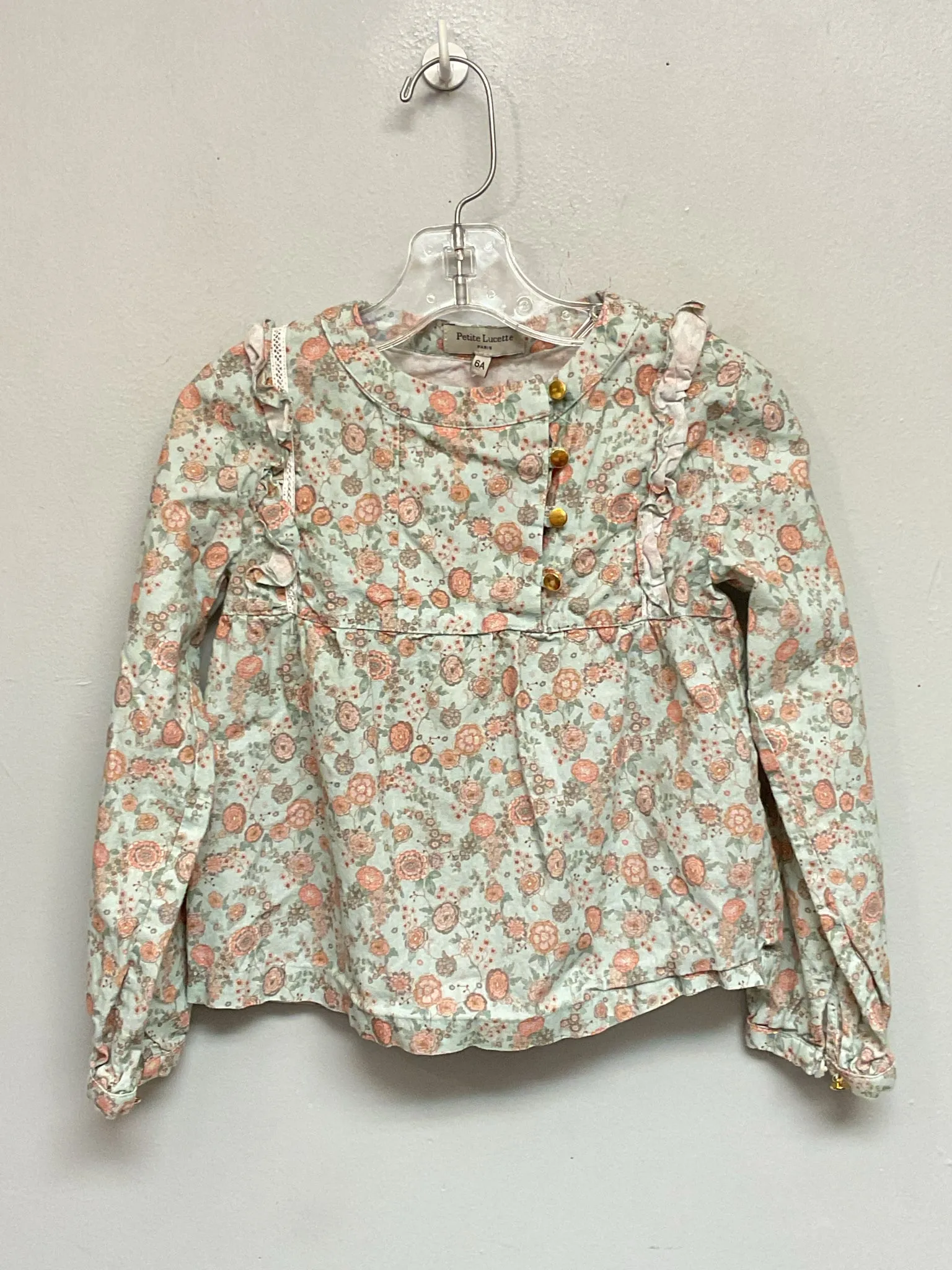 Petite Lucette Size 6 light blue Floral Cotton Girls Blouses & Button Downs
