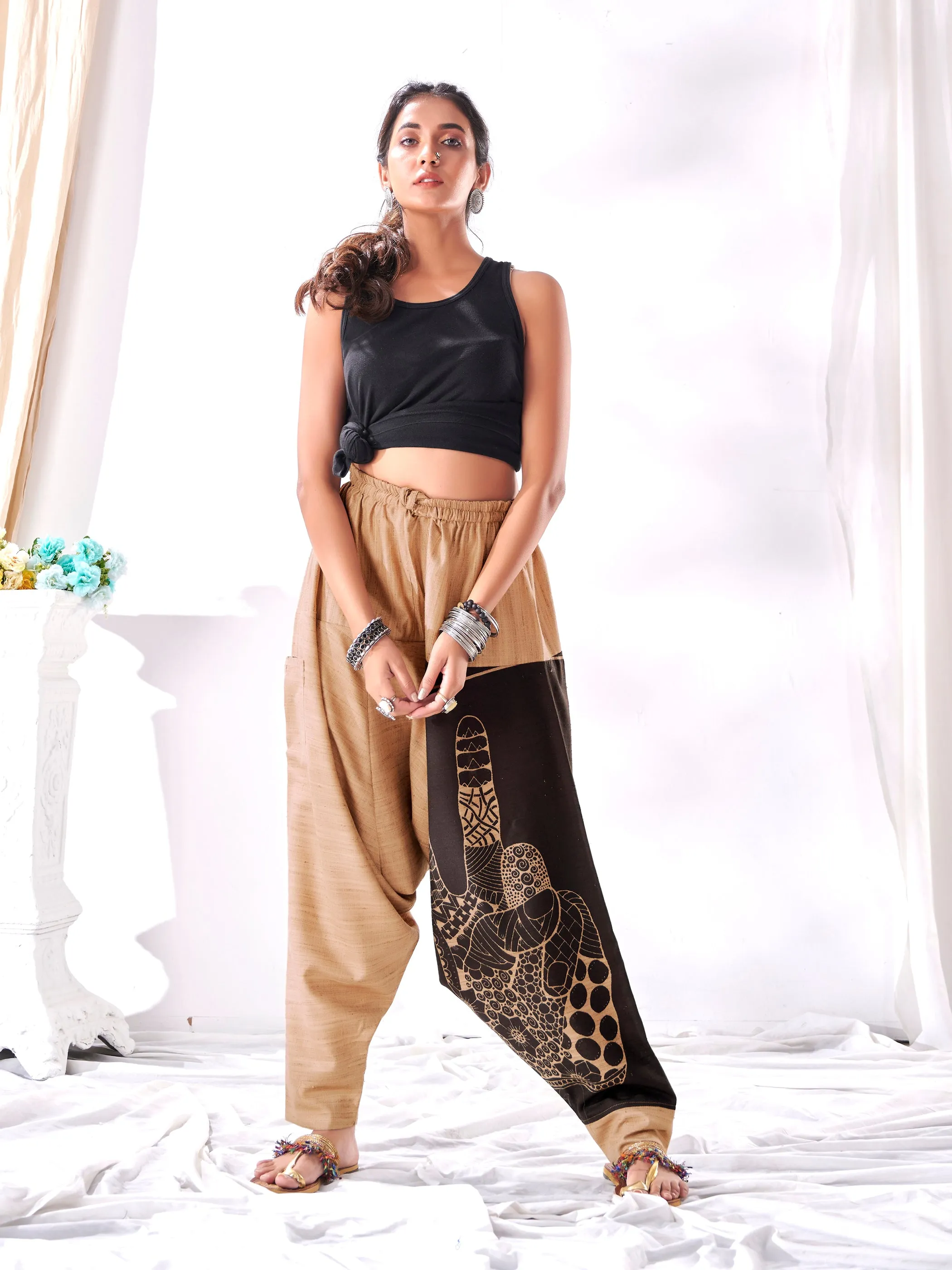 Women's Brown Peace Aladdin Hippy Boho Harem Pants For Yoga Dance