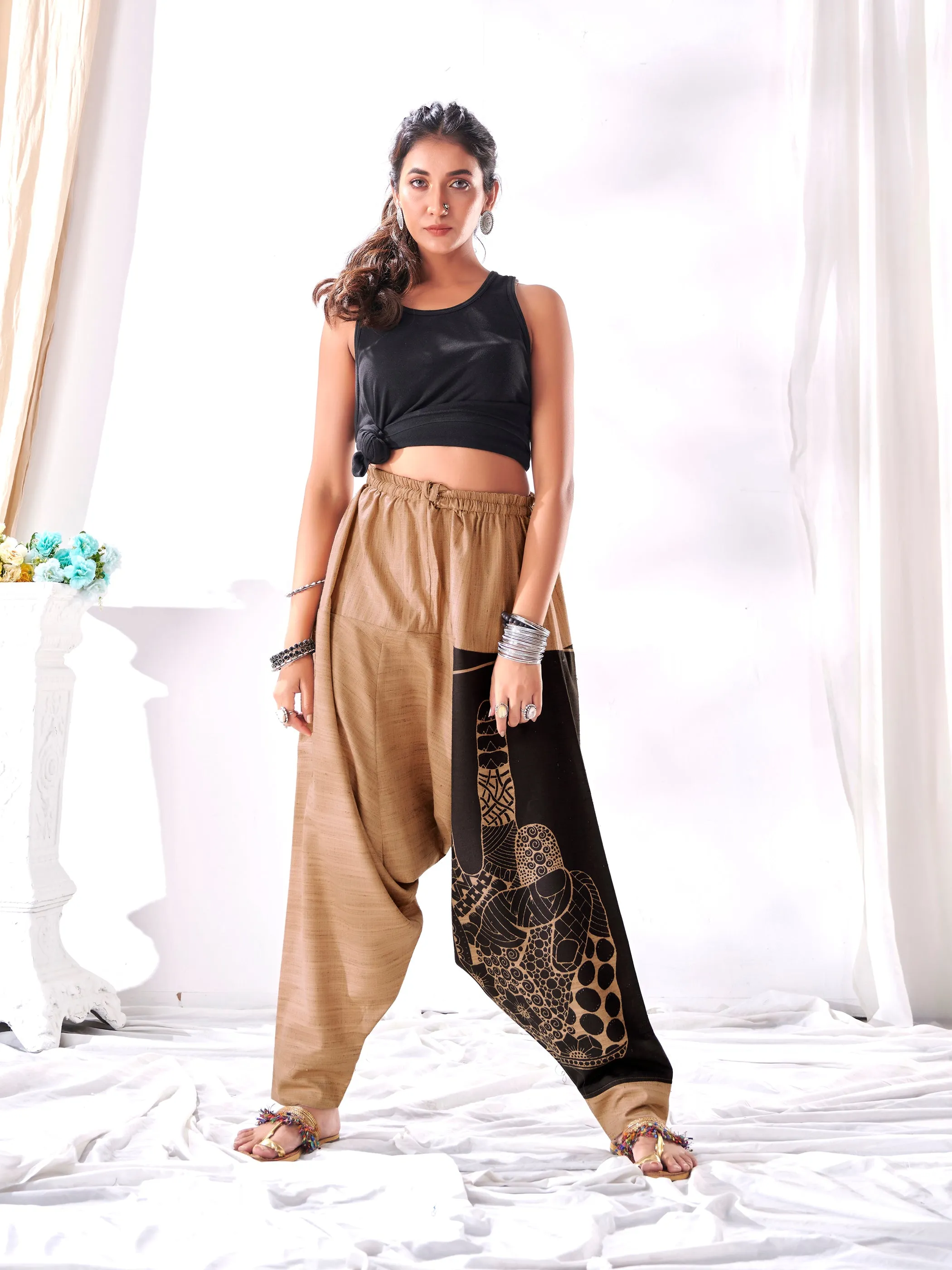 Women's Brown Peace Aladdin Hippy Boho Harem Pants For Yoga Dance